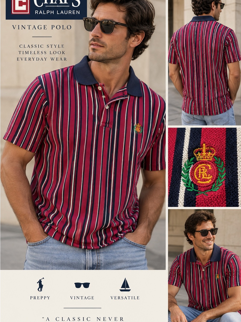 Vintage Chaps Ralph Lauren Polo Shirt Men’s Large Red Navy Striped 90s Preppy